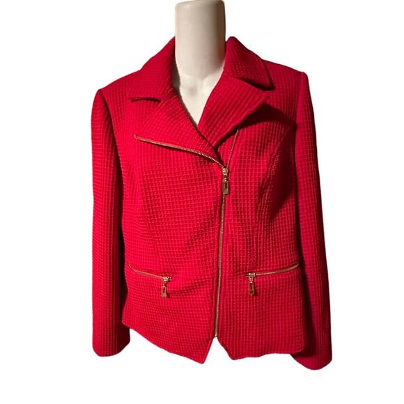 Chico's Womens 0 Petite Red Moto Style Full Zip Jacket Waffle Weave - Picture 3 of 6